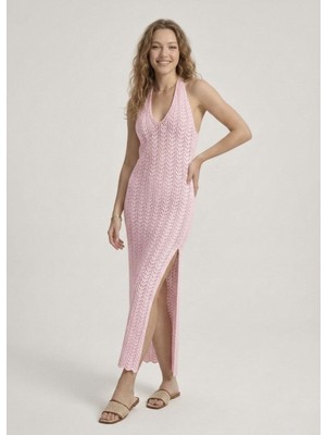 Neden Tekstil Kadın Ajurlu Halter Yaka Yırtmaçlı Uzun Beachwear Elbise - Plaj Elbisesi