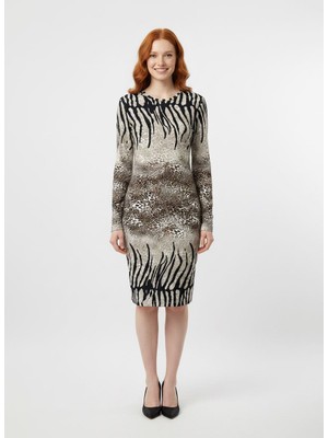 Neden Tekstil Kadın Zebra Desenli Viskoz Uzun Kollu Slim Fit Elbise