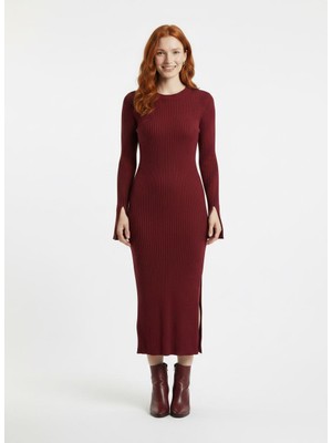 Neden Tekstil Bordo Kadın Triko Uzun Elbise Yırtmaçlı Kol Detaylı