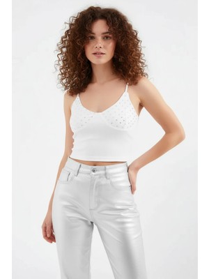 Hanka Kadın Askılı Taşlı Pamuklu Beyaz Crop Top