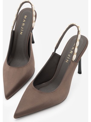 Marjin Kadın Stiletto Sivri Burun Taşlı Arkası Açık Ince Klasik Abiye Topuklu Ayakkabı Raven Kahve Saten