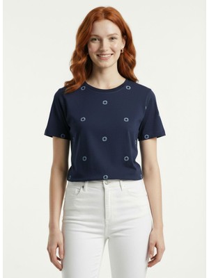Neden Tekstil Kadın Lacivert Baskılı Yuvarlak Yaka Kısa Kollu T-Shirt