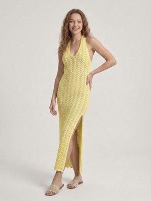 Neden Tekstil Kadın Ajurlu Halter Yaka Yırtmaçlı Uzun Beachwear Elbise - Plaj Elbisesi