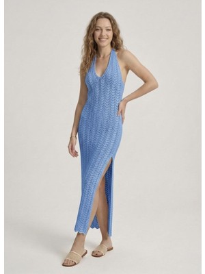 Neden Tekstil Kadın Ajurlu Halter Yaka Yırtmaçlı Uzun Beachwear Elbise - Plaj Elbisesi