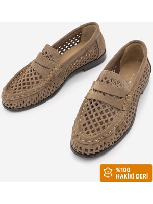 Marjin Kadın Loafer Hakiki Deri Delikli Büzgülü Makosen Günlük Ayakkabı Lorpe Camel Süet