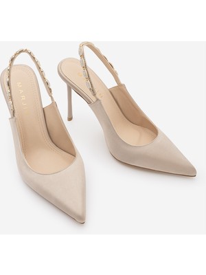 Marjin Kadın Stiletto Sivri Burun Taşlı Arkası Açık Ince Klasik Abiye Topuklu Ayakkabı Raven Bej Saten