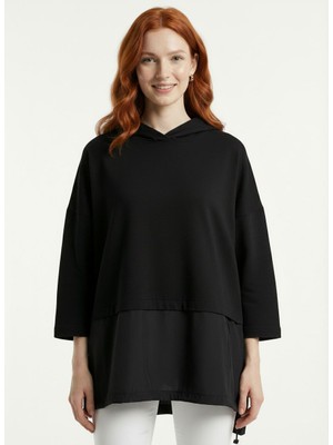 Neden Tekstil Kadın Oversize Siyah Kapüşonlu Rahat Sweatshirt