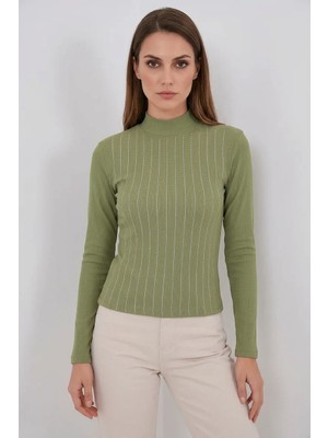 Hanka Kadın Balıkçı Yaka Taşlı Çizgili Çağla Yeşili Body