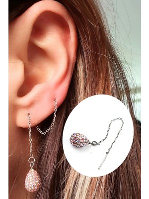 Ose Shop Pembe Swarovski Taşlı 925 Ayar Gümüş Tek Zincir Küpe