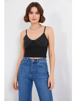 Hanka Kadın Askılı Noktalı Desen Pamuklu Siyah Crop Top