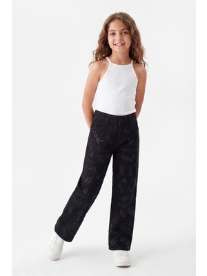 Joy Kids Kız Çocuk Ispanyol Paça Desenli Kot Pantolon (7-11YAŞ) (Siyah)