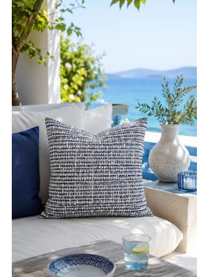 Fuly Consept Coastweave Aegean Dekoratif Kırlent Kılıfı | Mavi Beyaz Dokuma Görünümlü Coastal & Akdeniz Stil Kırlent