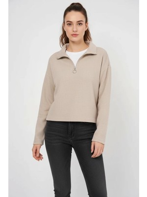 Hanka Kadın Fermuarlı Yaka Pamuklu Krem Sweatshirt