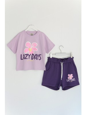 DobaKids Kız Çocuk Oversize Şort Tişört Yazlık Kısa Kollu Takım Sunny Bloom Series Lila - Mor - 001-0002171