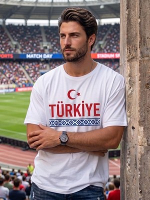 Trendseninle Erkek Beyaz Türkiye Baskı Detay Organik Pamuk Örme Oversize Tişört