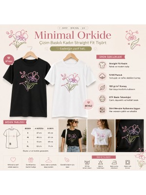 Tişört Kodu Minimal Orkide Çizim Baskılı Kadın Straight Fit Tişört