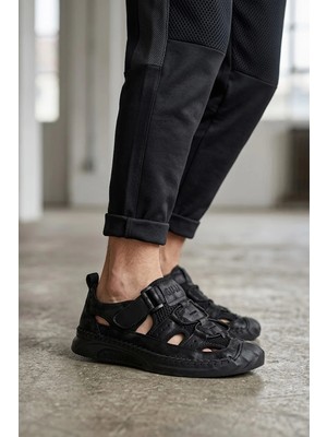 Guja 26Y575 Erkek Hakiki Deri Düz Sandalet Siyah