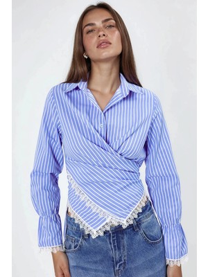 Hiccup Kadınlar Qu Style Çizgili Poplin Bağcıklı Gömlek Beyaz