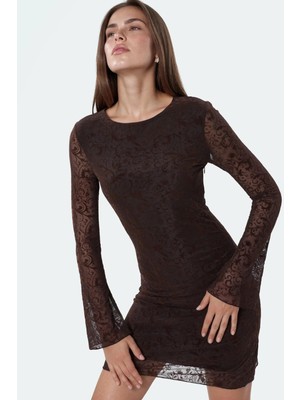 Hiccup Kadınlar Qu Style Çiçek Desenli Tül Bodycon Mini Elbise Kahve Kahvesi