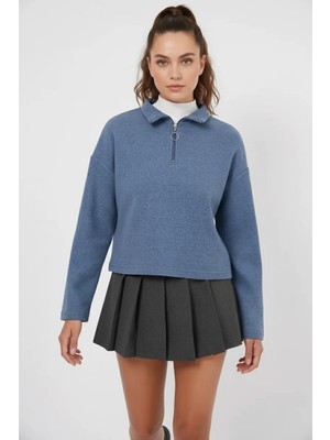Hanka Kadın Fermuarli Yaka Pamuklu Indigo Sweatshirt