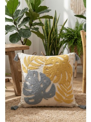 Destiva Home Renkli Tropik Punch Nakışlı Dekoratif Püsküllü Gizli Fermuarlı Pamuk Kırlent Kılıfı 42 x 42 cm