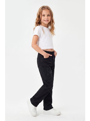 Joy Kids Kız Çocuk Kelebek Nakışlı Siyah Yumuşak Kot Pantolon (3-8yaş) (Siyah)