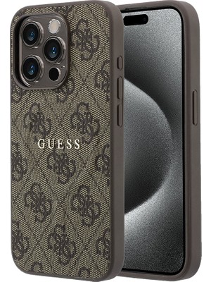 iPhone 15 Pro Uyumlu Kılıf Guess Lisanslı M-Safe Kabartmalı 4g Desenli Yazı Logolu Kapak Kahverengi