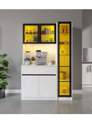 GuneyStore Moon Midi Sağ Vitrinli Kahve Köşesi Komple Mdf LED Mutfak Dolabı