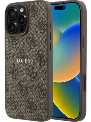 iPhone 16 Pro Uyumlu Kılıf Guess Lisanslı M-Safe Kabartmalı 4g Desenli Yazı Logolu Kapak Kahverengi