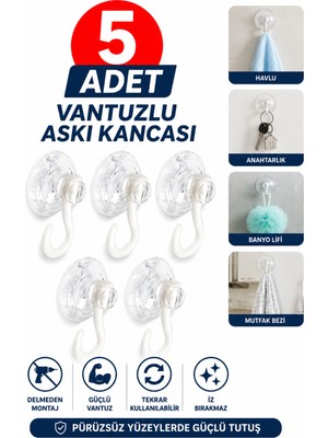 Alıç Şeffaf Vantuzlu Askı Kancası 5'li Delmeden Montaj Güçlü Tutuş Banyo Mutfak Duvar Askılığı