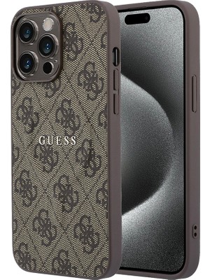 iPhone 15 Pro Max Uyumlu Kılıf Guess Lisanslı M-Safe Kabartmalı 4g Desenli Yazı Logolu Kapak Kahvere