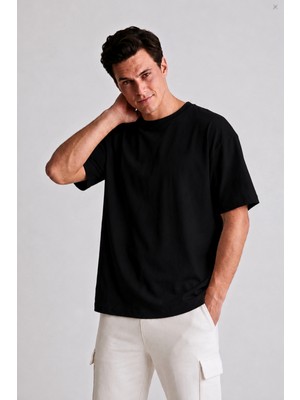 Guaraz Erkek Siyah Oversize Bisiklet Yaka %100 Pamuk Düz Basic Yazlık T-Shirt