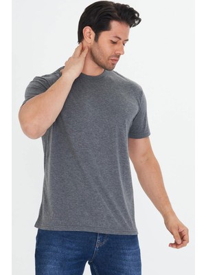 Trendhill Erkek Antrasit Melanj Pamuklu Bisiklet Yaka Büyük Beden T-Shirt ANT5014B