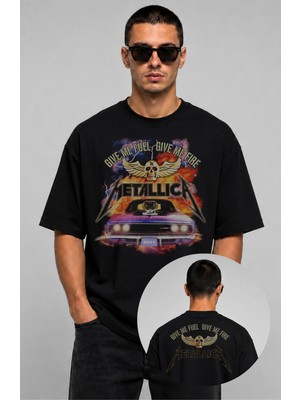 Fuddy Moda Unisex Oversize Metallica Give Me Fuel Give Me Fire Ense Baskılı Rock Band Tişört