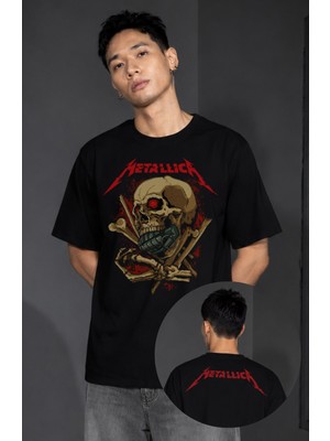 Fuddy Moda Unisex Metallica Skull Bomb Ense Baskılı Tişört, Oversize Rock Band Temalı Bisiklet Yaka Tshirt