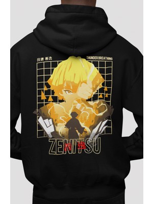 Sevbano Zenitsu Agatsuma Kimetsu No Yaiba Anime Sırt Baskılı Unisex Oversize Penye Hoodie
