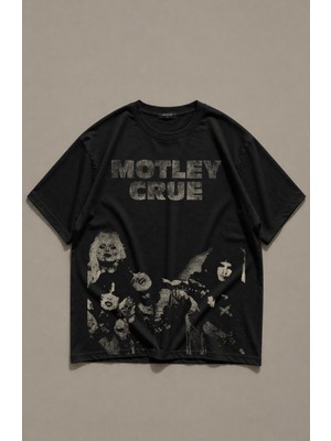 Fuddy Moda Unisex Mötley Crüe Vintage Baskılı Bisiklet Yaka Tişört, Oversize Rock Band Temalı Tshirt