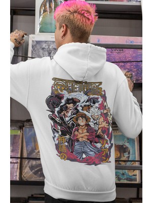 Sevbano One Piece Karakterler Monkey D. Luffy Roronoa Zoro Anime Sırt Baskılı Unisex Oversize Penye Hoodie