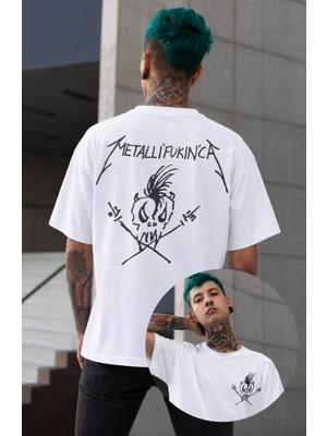 Fuddy Moda Unisex Metallifukinca Sırt Yazılı Bisiklet Yaka Tişört, Oversize Funny Metallica Baskılı Tshirt