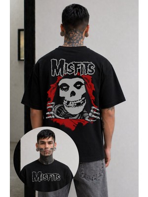 Fuddy Moda Unisex Misfits Crimson Ghost Sırt Baskılı Bisiklet Yaka Tişört, Oversize Rock Band Temalı Tshirt