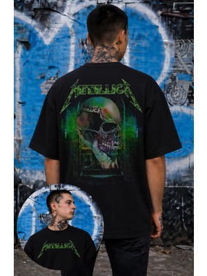 Fuddy Moda Unisex Metallica Skull Green Style Sırt Baskılı Tişört, Oversize Rock Band Temalı Tshirt