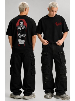 Fuddy Moda Unisex Misfits Horror Business Sırt Baskılı Bisiklet Yaka Tişört, Oversize Rock Band Temalı Tshirt