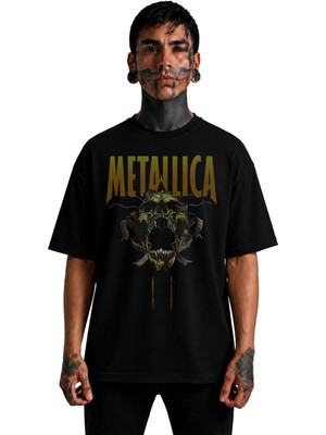 Fuddy Moda Unisex Metallica Baskılı Bisiklet Yaka Tişört, Oversize Rock Band Temalı Tshirt