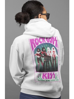 Sevbano Rock Gods Kiss Rock Metal Müzik Grubu Sırt Baskılı Unisex Oversize Penye Hoodie