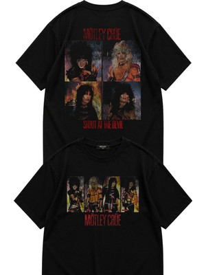 Fuddy Moda Unisex Mötley Crüe Members Sırt Baskılı Bisiklet Yaka Tişört, Oversize Rock Band Temalı Tshirt
