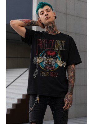 Fuddy Moda Unisex Mötley Crüe Tour 1987 Baskılı Bisiklet Yaka Tişört, Oversize Rock Band Temalı Tshirt