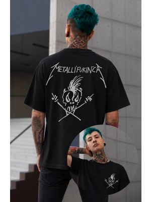 Fuddy Moda Unisex Metallifukinca Sırt Yazılı Bisiklet Yaka Tişört, Oversize Funny Metallica Baskılı Tshirt