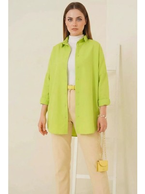 Kadın Oversize Basic Pamuklu Çağla Yeşili Tesettür Gömlek
