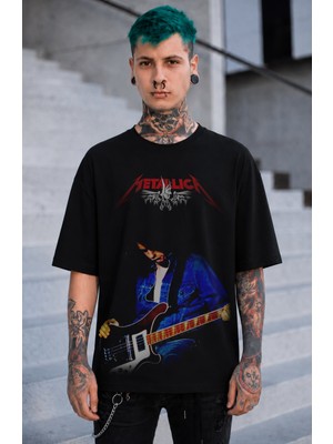 Fuddy Moda Unisex Oversize Metallica Cliff Burton Baskılı Bisiklet Yaka Rock Band Tişört