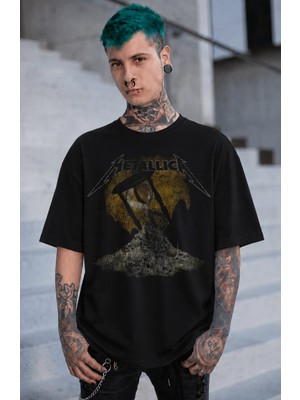 Fuddy Moda Unisex Metallica The End Of The Line Baskılı Tişört, Oversize Rock Band Temalı Bisiklet Yaka Tshirt